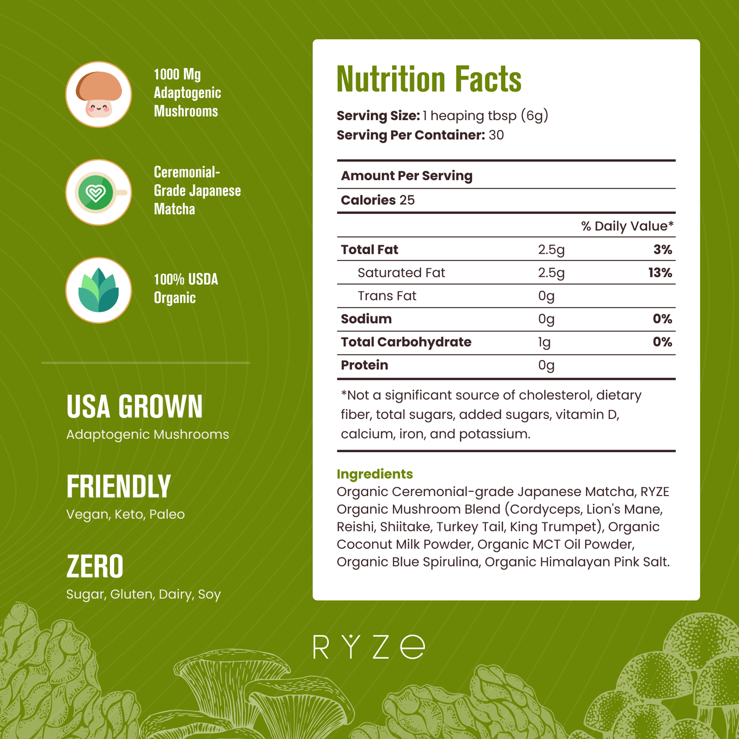 RYZE Mushroom Matcha - with 6 Organic Adaptogenic Mushrooms Grown In USA and Ceremonial-Grade Japanese Matcha - F4YO