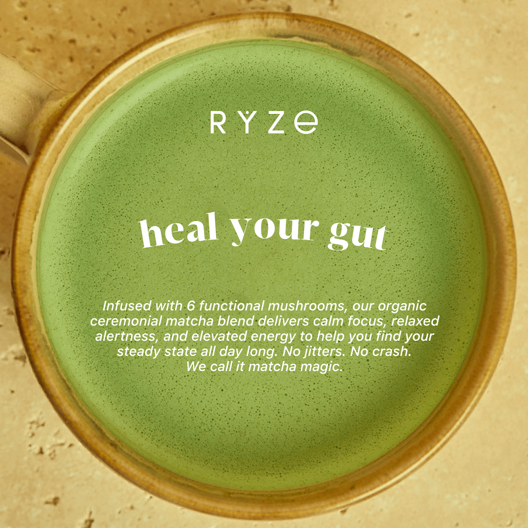RYZE Mushroom Matcha - with 6 Organic Adaptogenic Mushrooms Grown In USA and Ceremonial-Grade Japanese Matcha - F4YO
