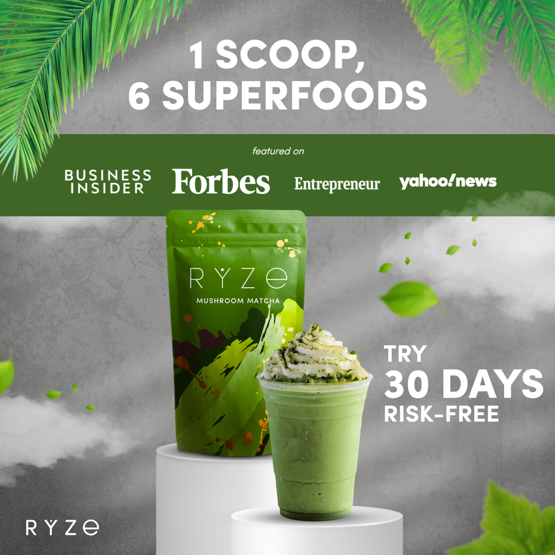 RYZE Mushroom Matcha - with 6 Organic Adaptogenic Mushrooms Grown In USA and Ceremonial-Grade Japanese Matcha - F4YO